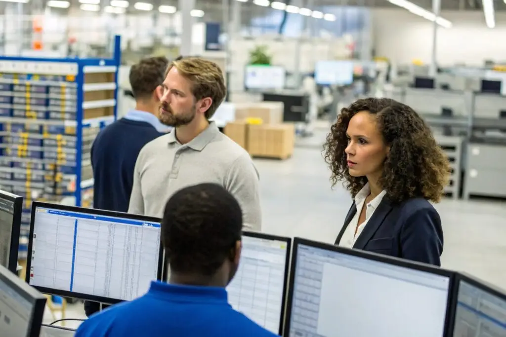 Professionals analyzing customer data in a retail store