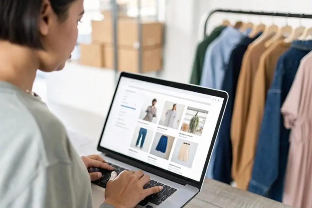 A retailer browsing a wholesale clothing website