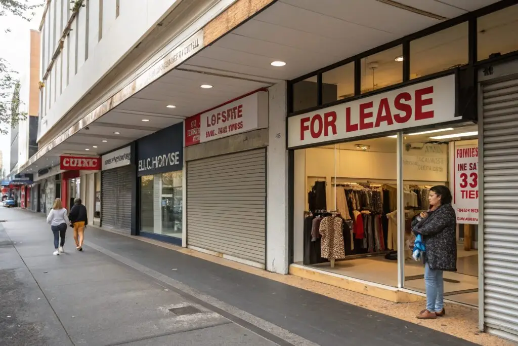 Fashion retail shops closed with for lease signs displayed