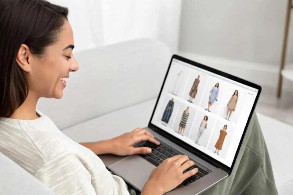 Woman browsing online fashion store on laptop at home