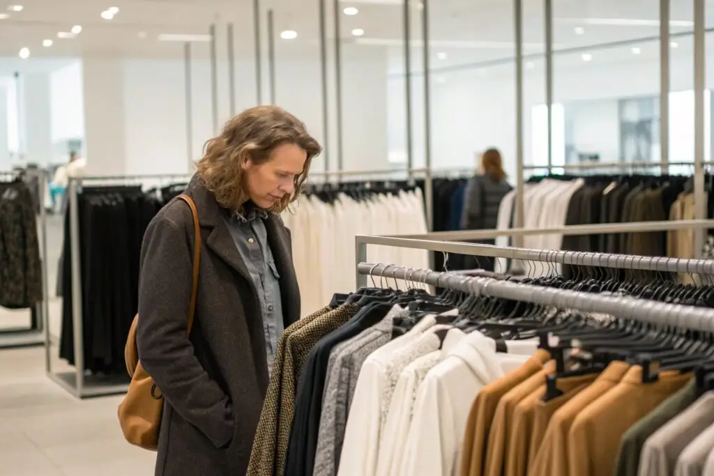 Shopper browsing vague size-labeled clothing racks