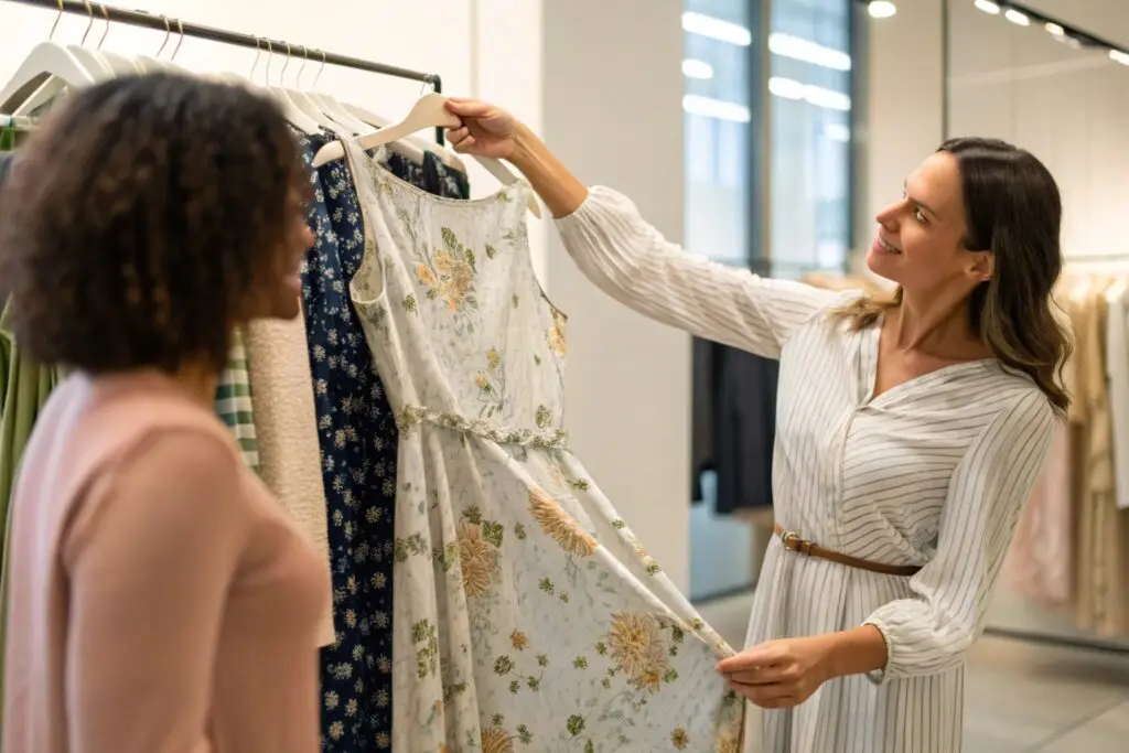 A shopper in a boutique holding up a high-quality floral dress