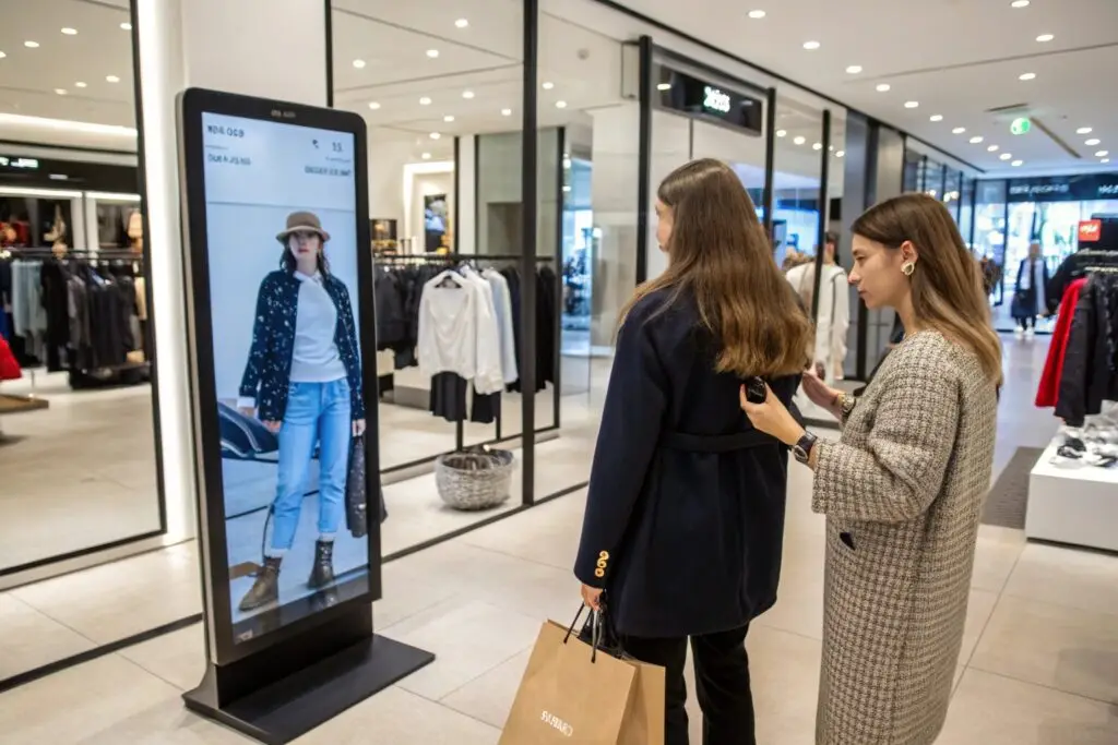 Shopper using a smart mirror in-store to preview clothing options