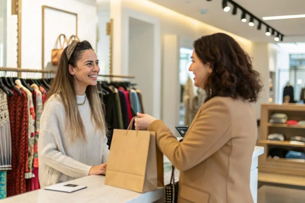 Returning customer receiving new clothes in a boutique
