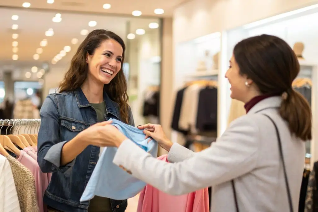 Smiling shopper receiving personalized fashion advice in store