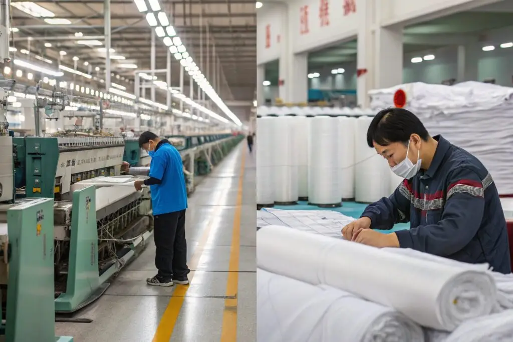 Textile workers operating machines and inspecting fabric rolls