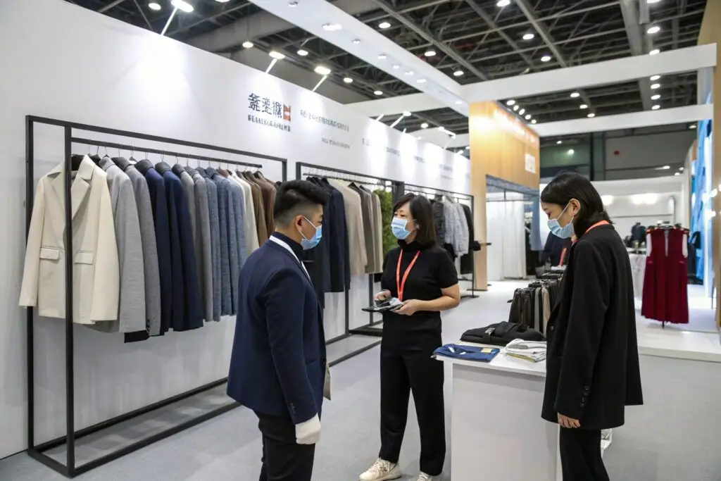 Buyers discussing garment samples at professional trade booth