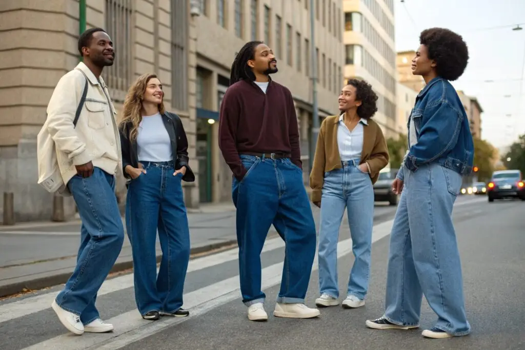 A street scene showing a diverse group of people wearing wide-legged jeans
