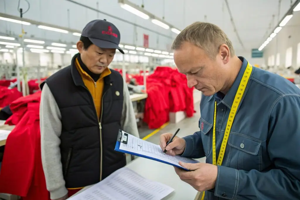 Quality inspector reviewing garment production checklist in factory