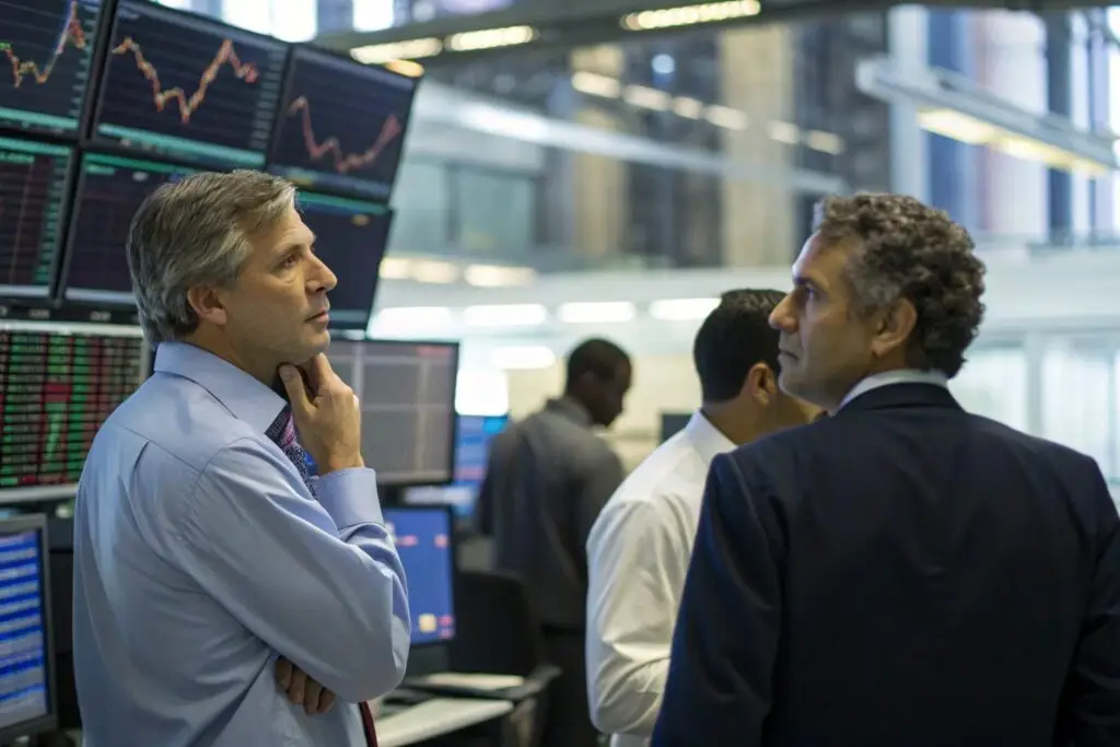 Executives discussing market trends in an apparel company