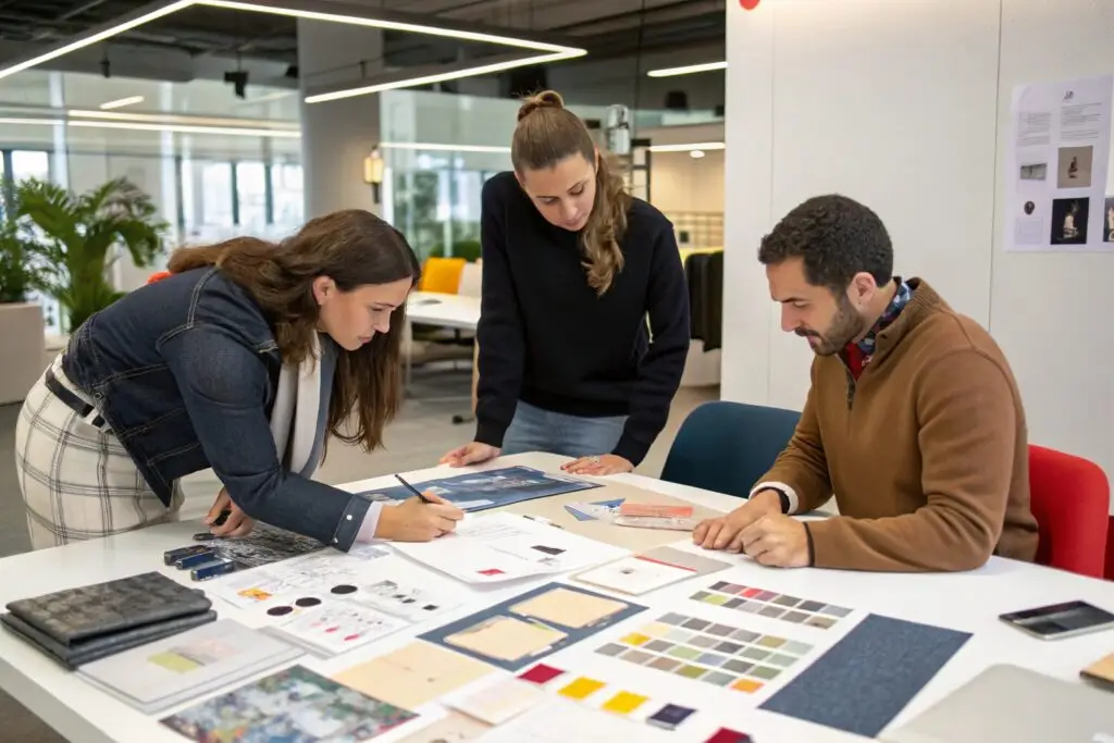 Apparel brand team brainstorming updated clothing styles and fabrics