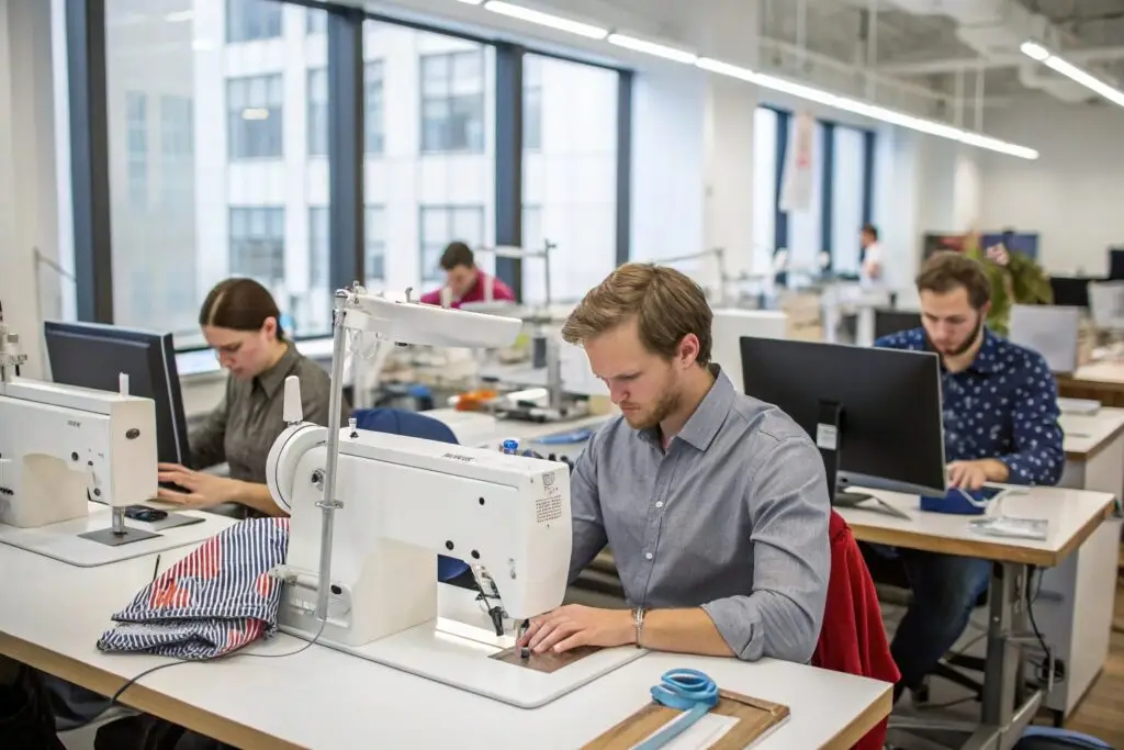 Apparel brand team collaborating with manufacturers on product development