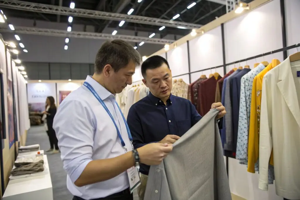 Buyers inspecting suit fabric and garments at apparel booth