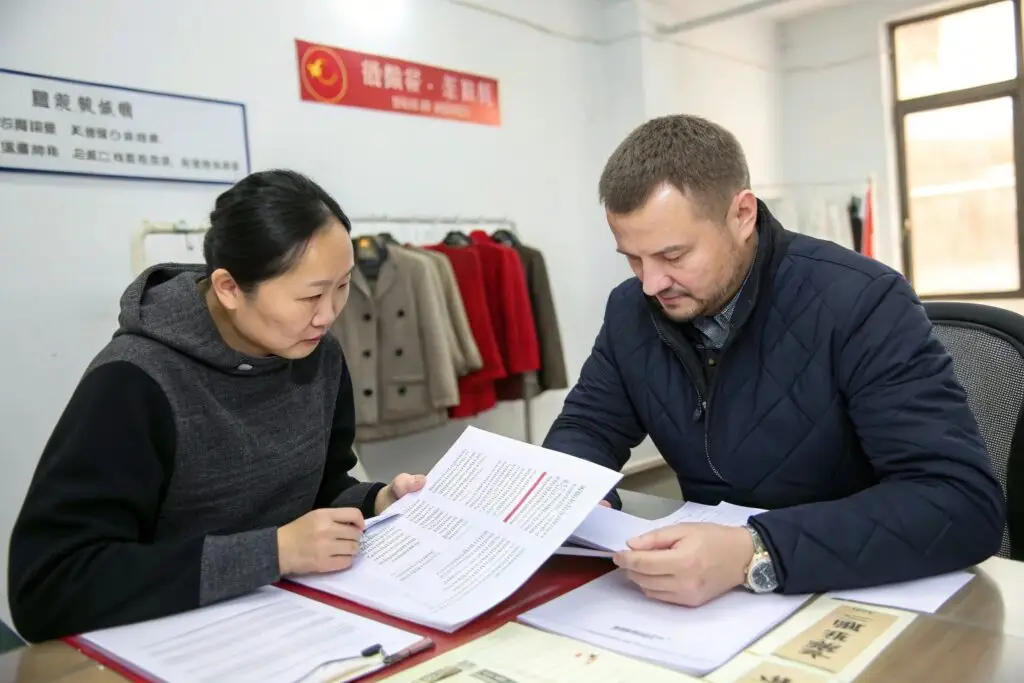 Apparel buyer and factory manager discussing order documents