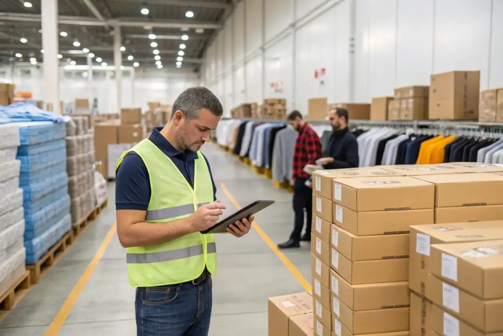 Apparel warehouse staff checking garment inventory with tablet