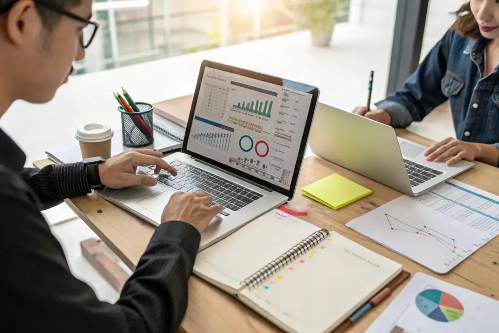 Apparel marketing team optimizing digital campaigns and analyzing results