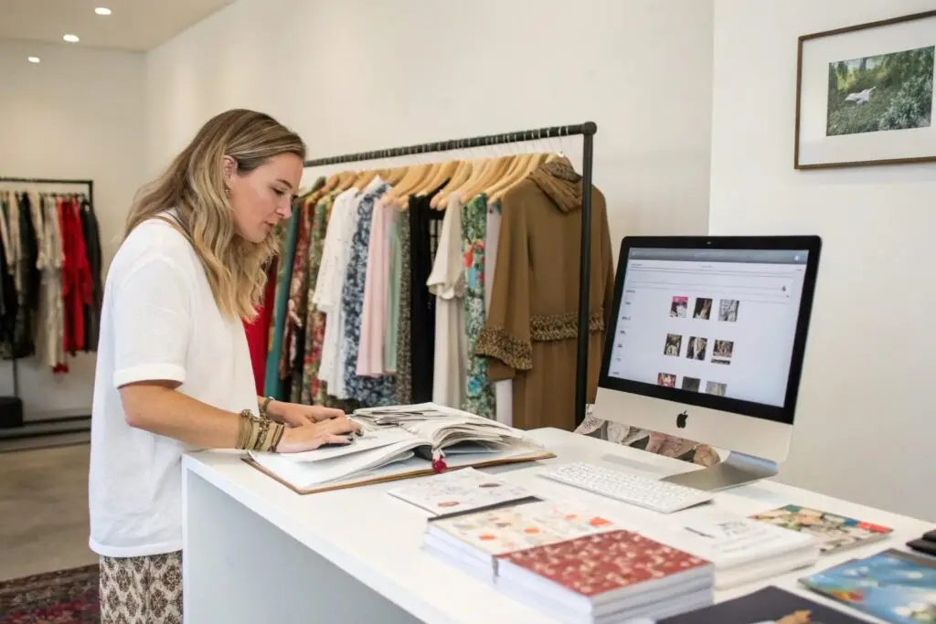 Boutique founder browsing supplier lookbooks and websites