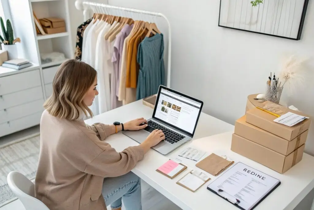 Boutique owner managing clothing orders and inventory from laptop