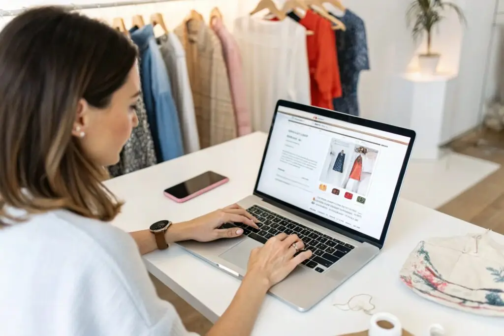 Woman browsing online clothing catalog for business orders