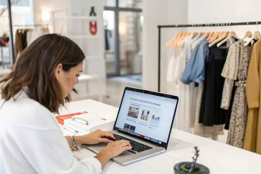 Boutique owner browsing top B2B fashion platforms