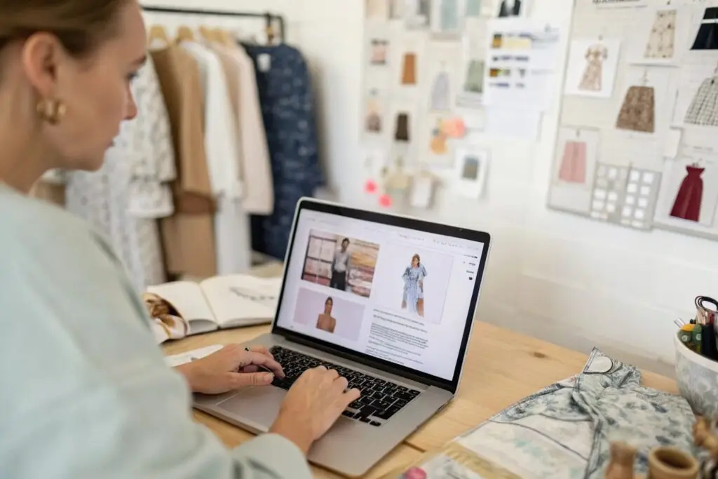 Boutique owner scrolling through wholesale dress catalog