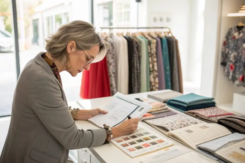Boutique owner reviewing fabric swatches and placing wholesale order