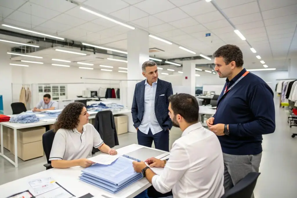 Apparel team discussing production details