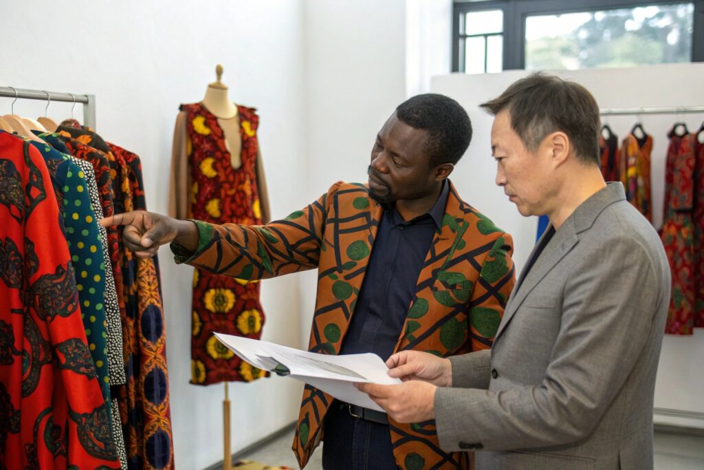 Buyer and manager reviewing colorful fabric collection