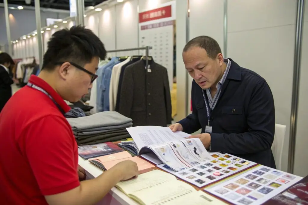 Buyer and supplier reviewing garment catalogs at trade booth