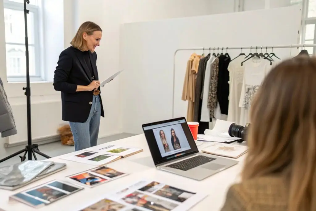 Clothing brand team reviewing lookbook and styling visuals in studio