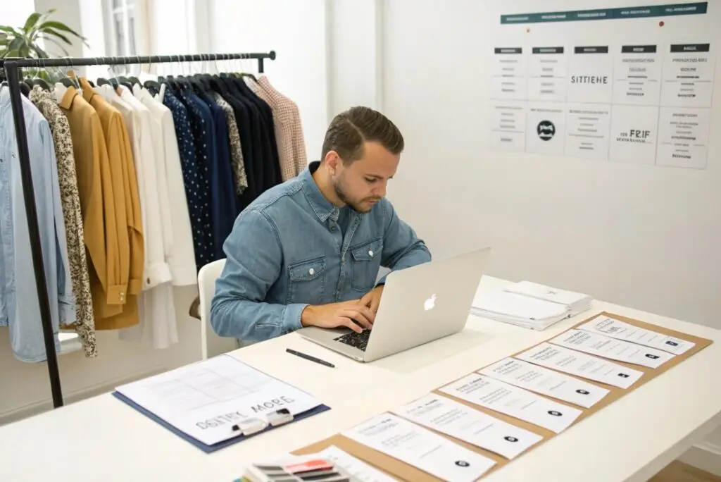 Fashion brand owner working on wholesale clothing business strategy