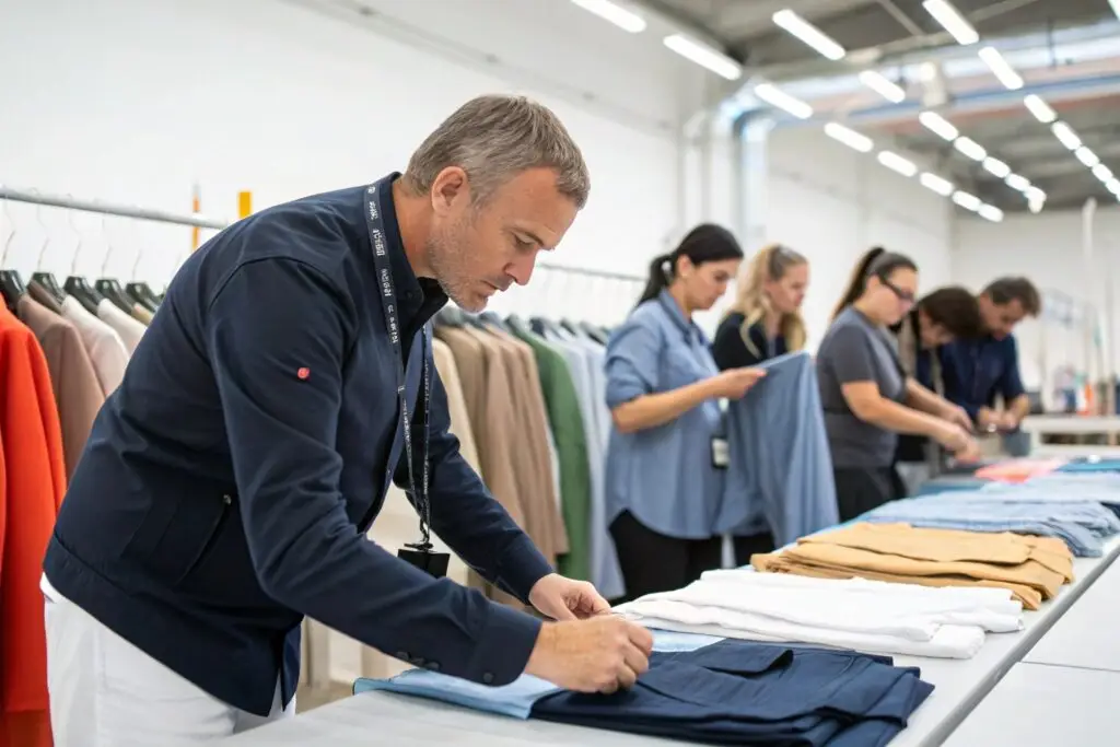 Clothing brand owner inspecting garments during quality control process