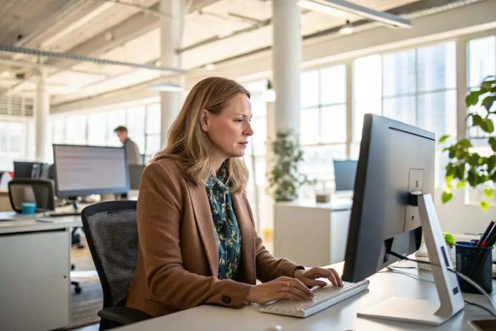 Clothing brand owner managing wholesale orders on desktop computer