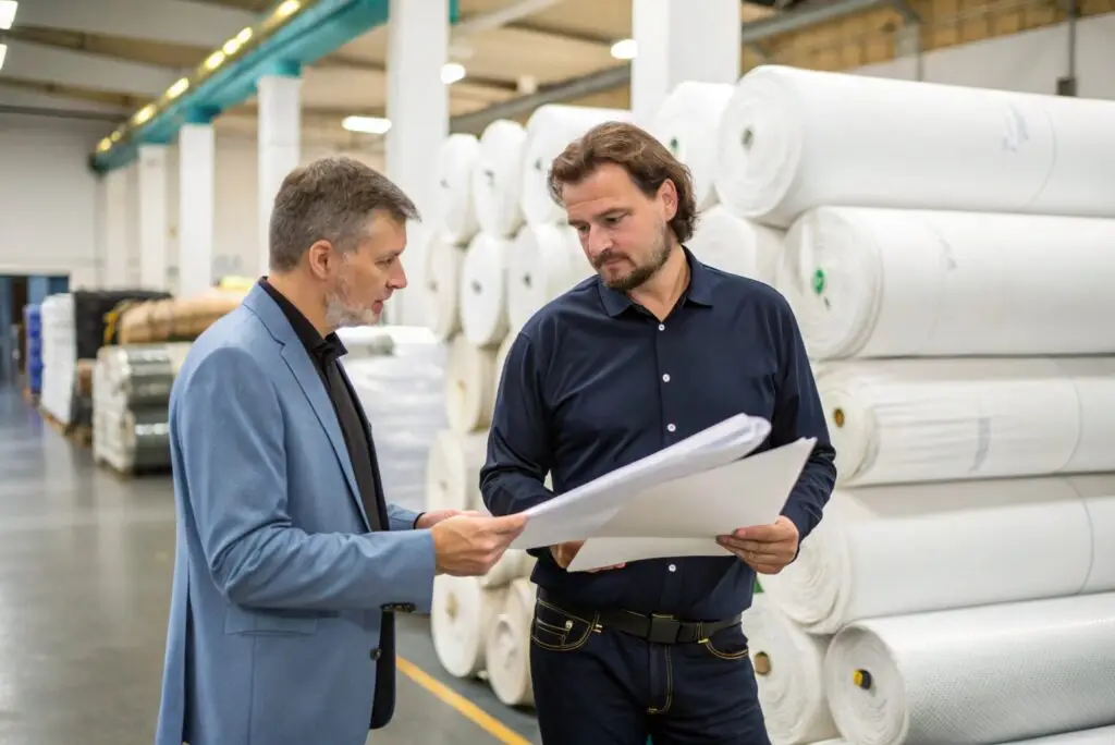Fashion brand owner discussing fabric sourcing with textile supplier
