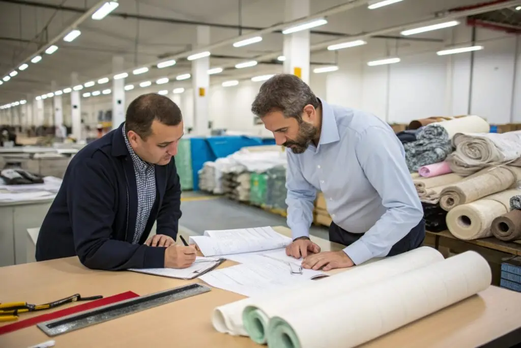 Clothing brand owner negotiating textile purchase order at factory