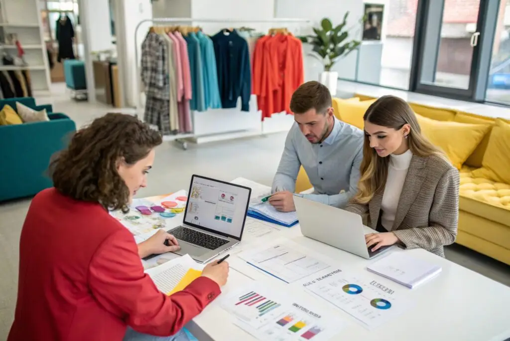 Clothing brand team analyzing customer data and planning marketing