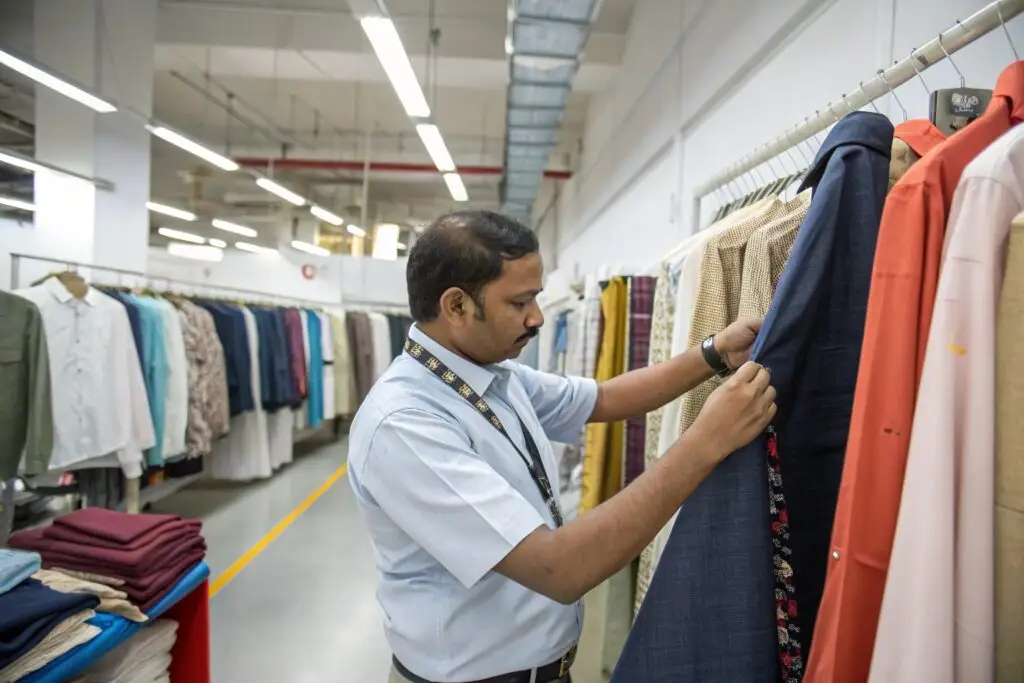 Garment buyer inspecting quality of stitched clothing samples