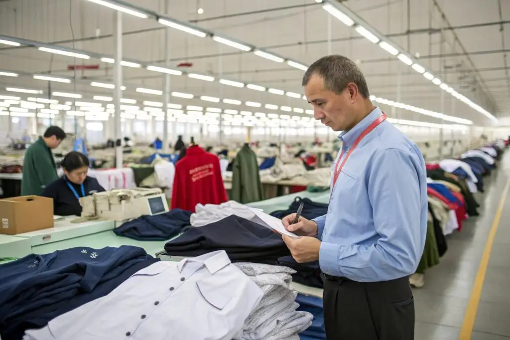 Clothing buyer inspecting finished garments at large clothing factory