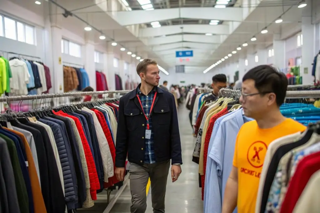 Clothing buyer exploring busy wholesale clothing market aisles