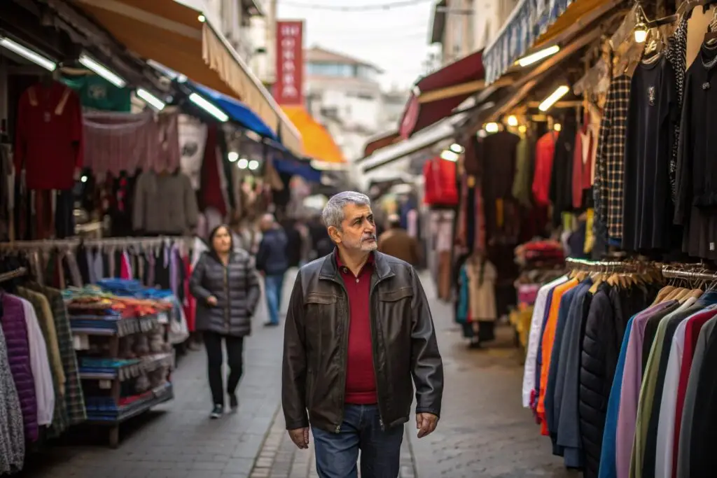 Clothing buyer exploring bustling local wholesale clothing market