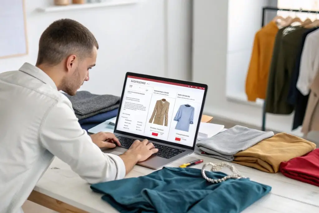 Clothing entrepreneur browsing bulk apparel options online for wholesale