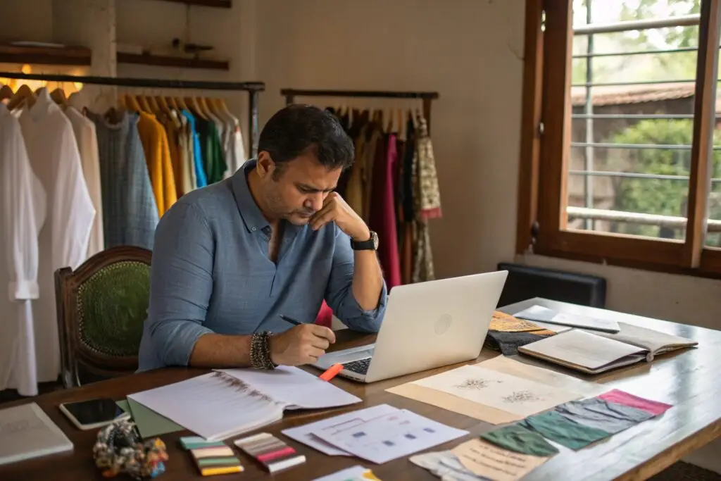 Fashion entrepreneur working on designs in cozy studio office