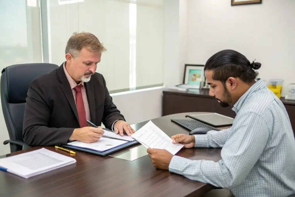 Entrepreneur reviewing vendor production contract in office meeting
