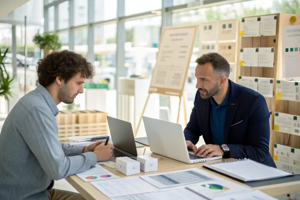 Entrepreneur meeting vendor to discuss wholesale clothing partnership