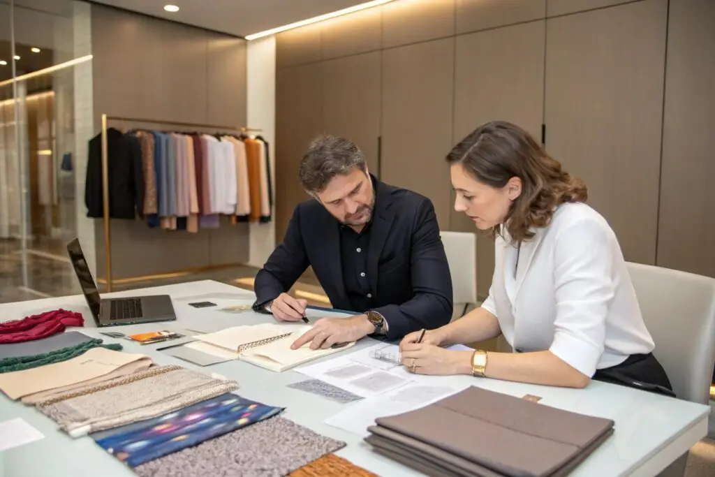 Entrepreneur collaborating with clothing manufacturer on new designs