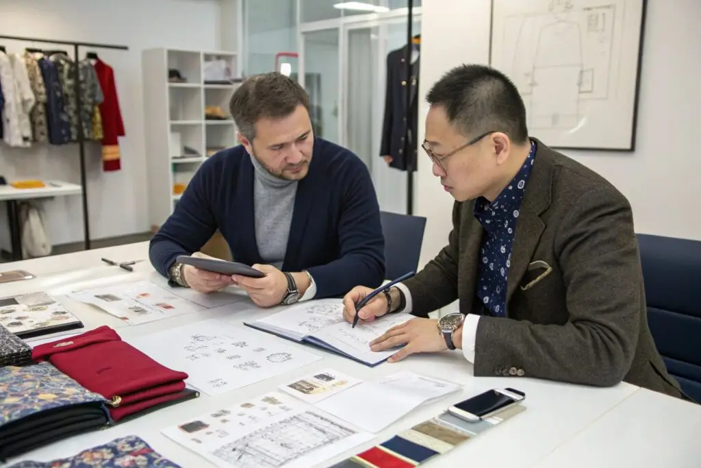 Fashion brand owner and supplier collaborating on garment designs