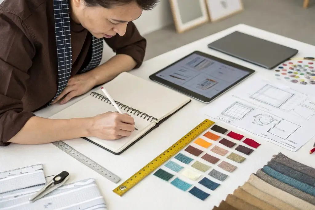 Fashion designer sketching and reviewing fabric swatches