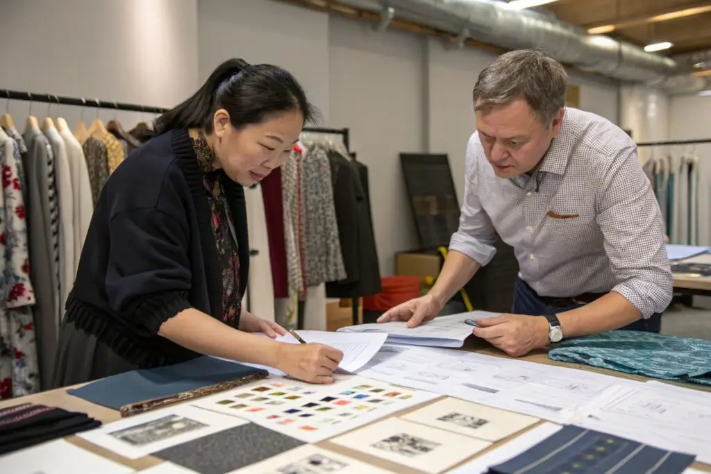 Brand owner and supplier reviewing tech packs for a sample order