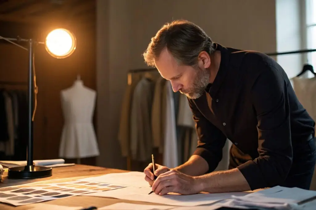 Designer sketching new fashion collection by lamplight