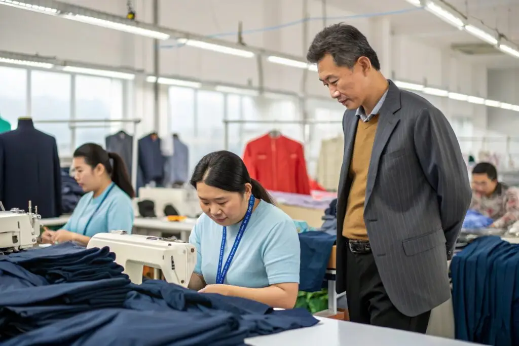 Fashion brand owner visiting garment factory to oversee production